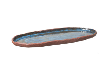 Oval ceramic tray with blue interior and brown made of red stoneware