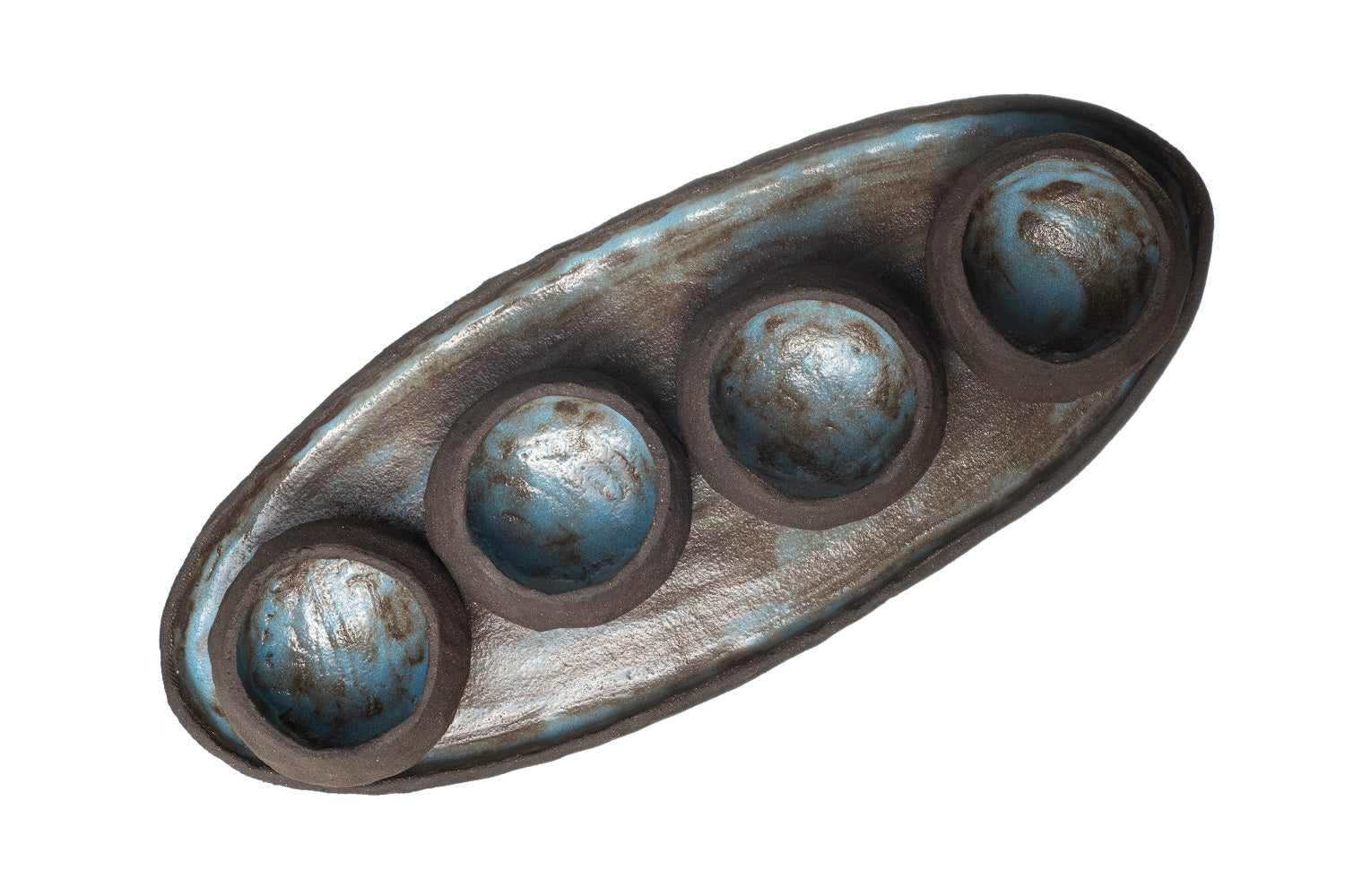 The ATLANTIS platter and bowls set features four round, blue metallic-glazed stoneware compartments on an oval, textured tray in earthy brown and blue tones, showcasing Greek craftsmanship.
