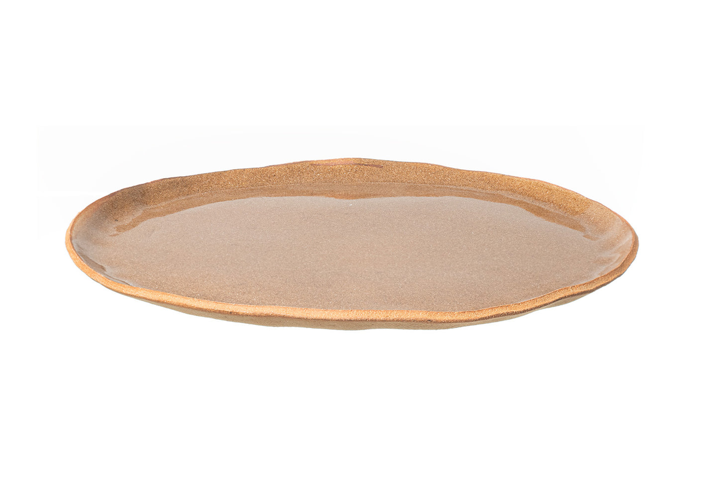 The SAND PLATE is a handmade, round stoneware plate with a slightly uneven rim and glossy beige glaze, shown against a white background.